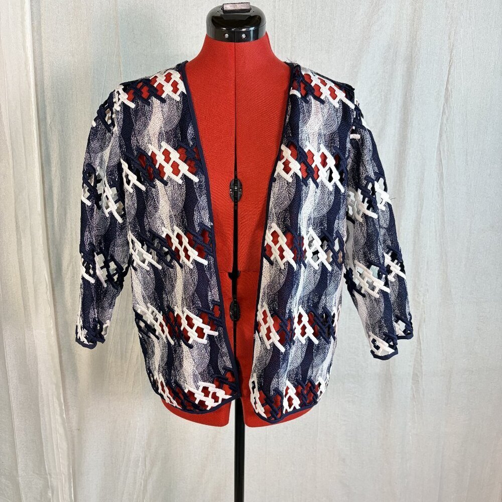 Alfred Dunner Womens Cardigan Size PM Petite Cut Out Blue White Open Front
